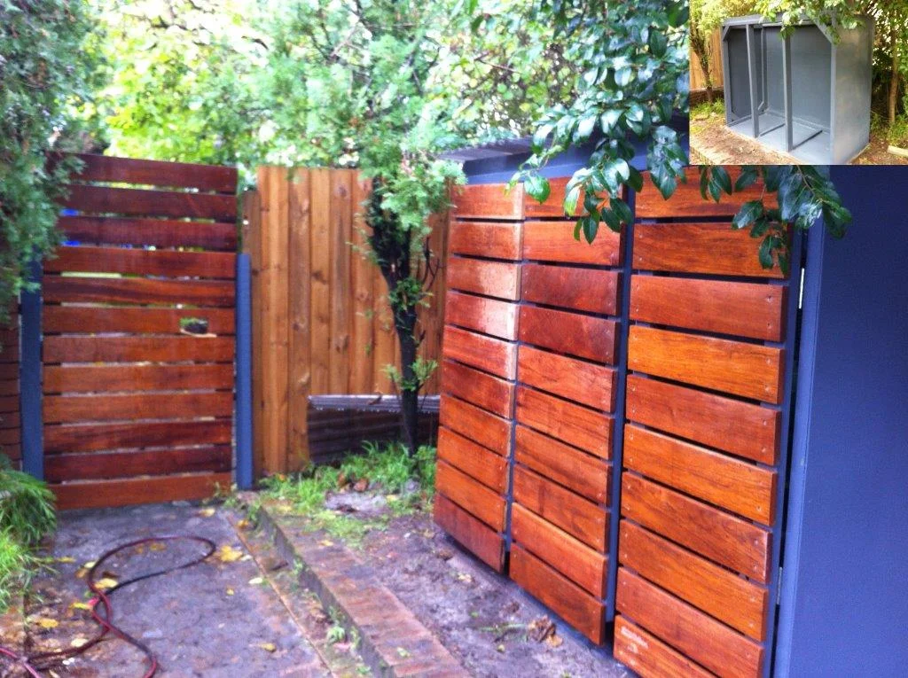 Spotted gum bin house with a raised roof for access inside, built to match the gate, Maroubra
