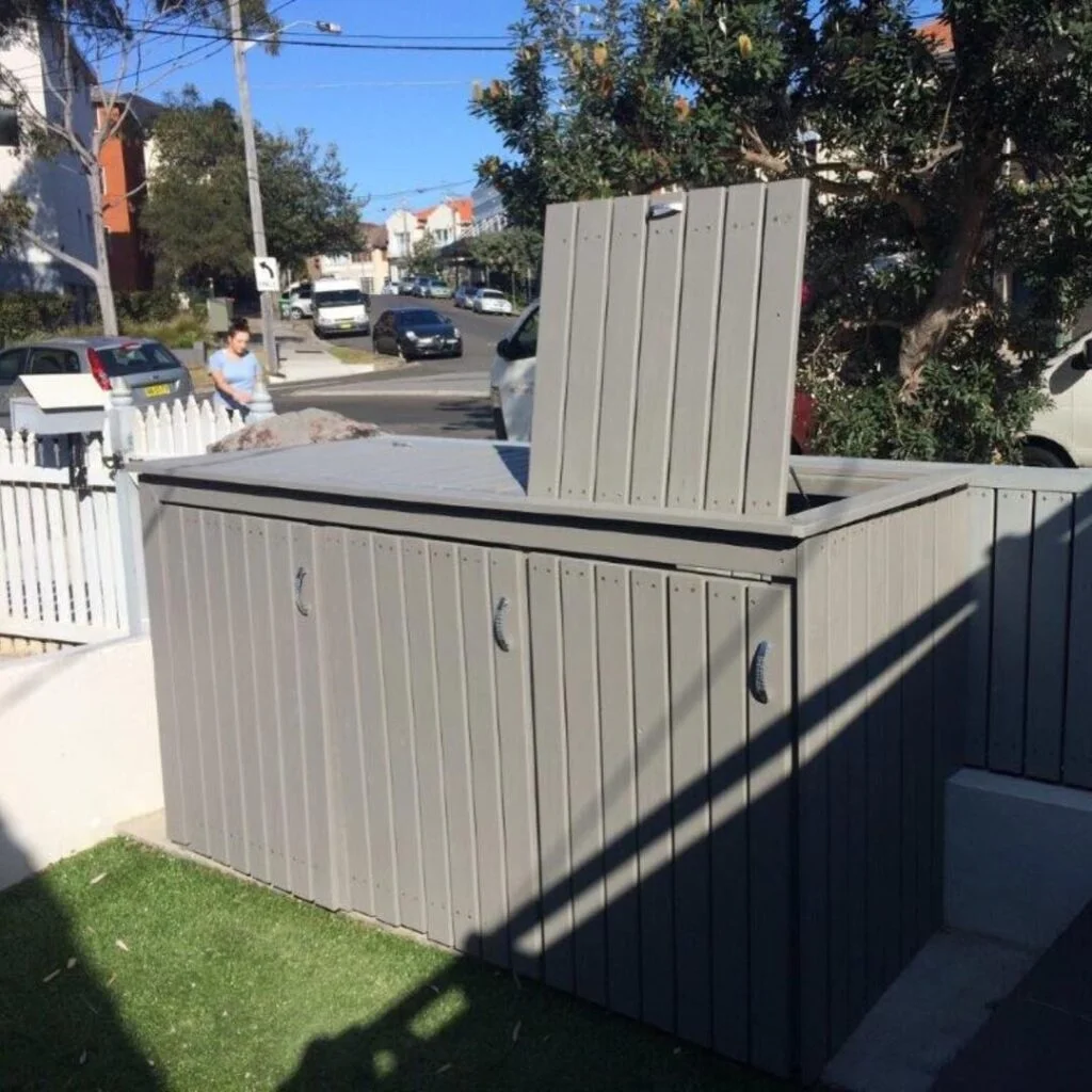 Painted treated pine wheelie bin enclosure with lids and gas struts, Clovelly