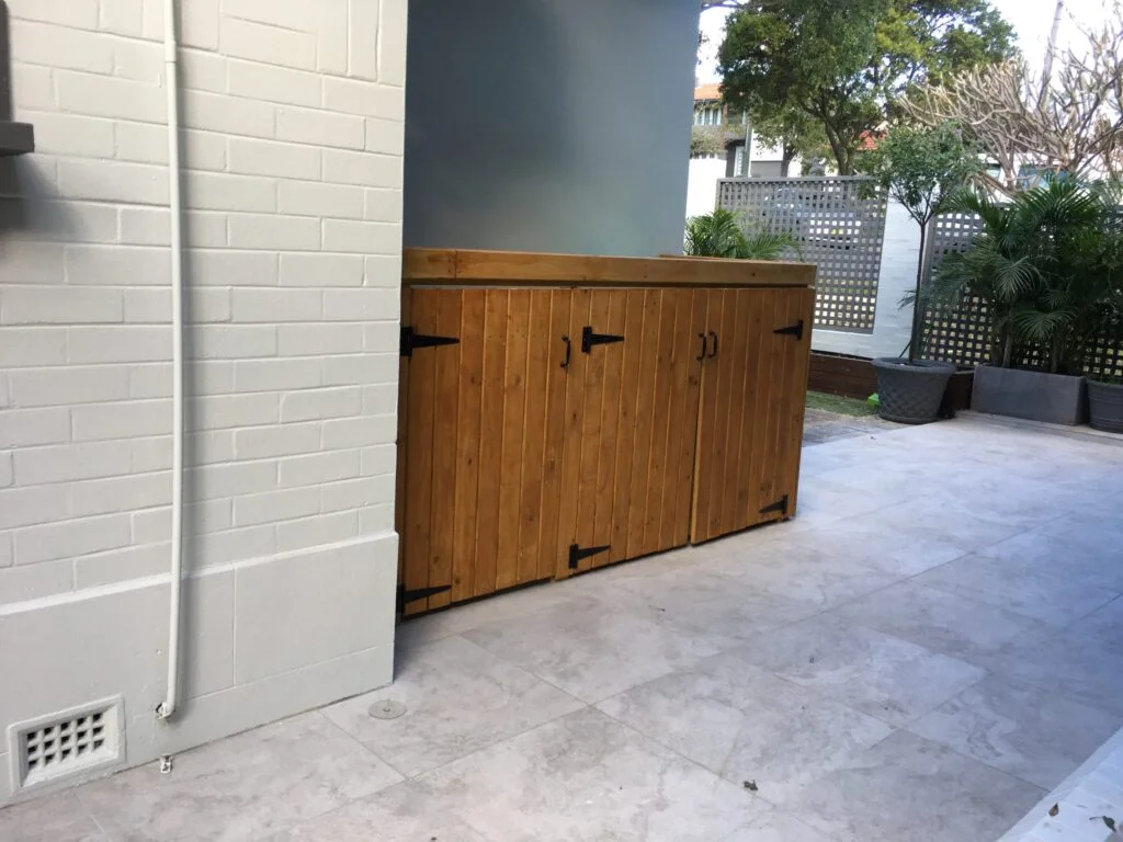 Blackbutt wheelie bin enclosure, open at the top for access, Double Bay