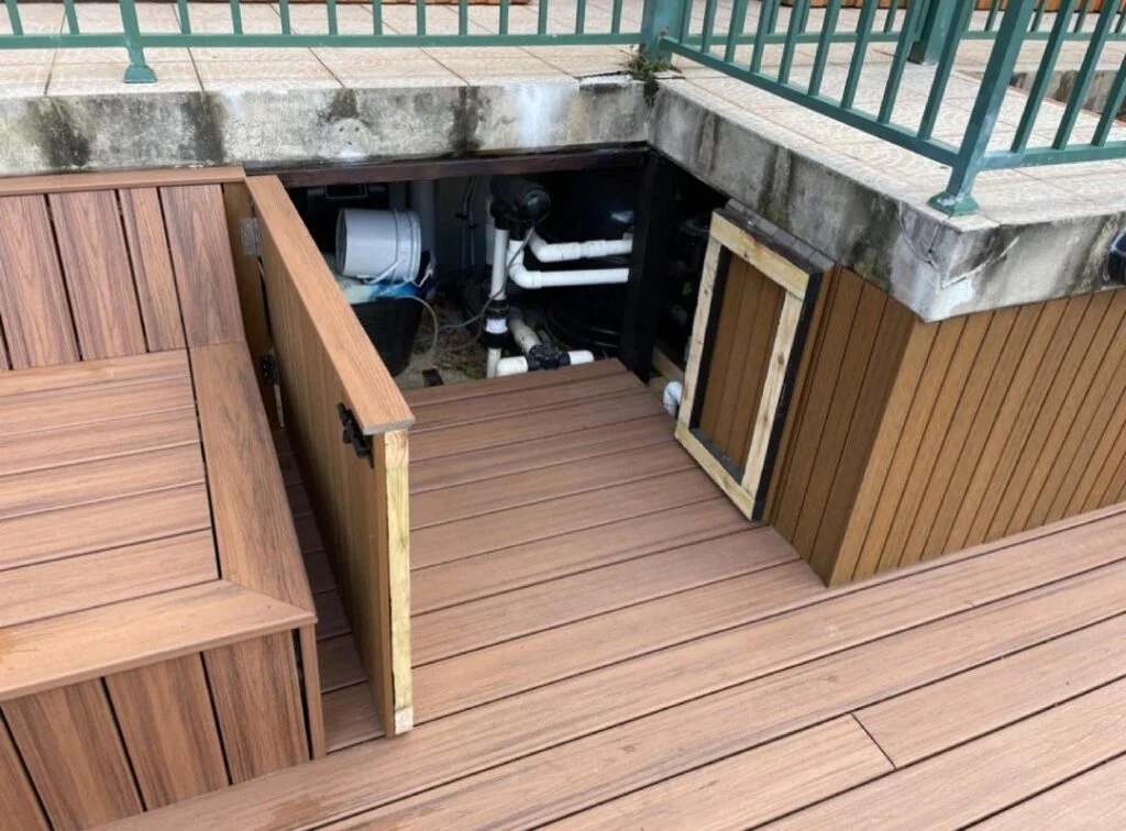 Pool equipment access doors in Trex Havana Gold composite, Alexandria