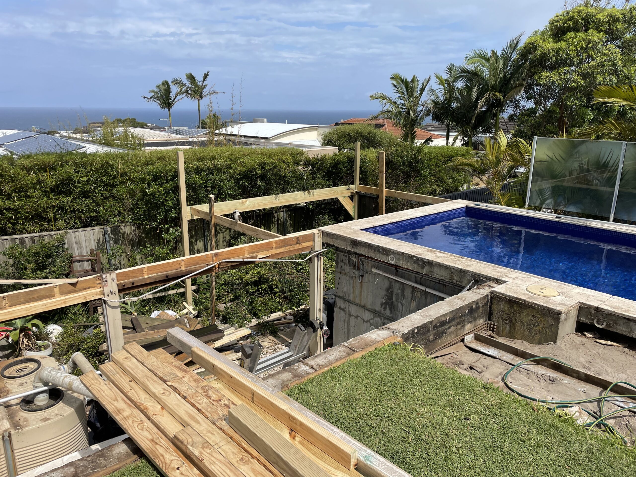 Extension beam set during framing, Clovelly pool deck — The Decksmith