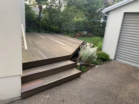 Existing tired passage deck viewed from driveway, Little Bay project before demolition
