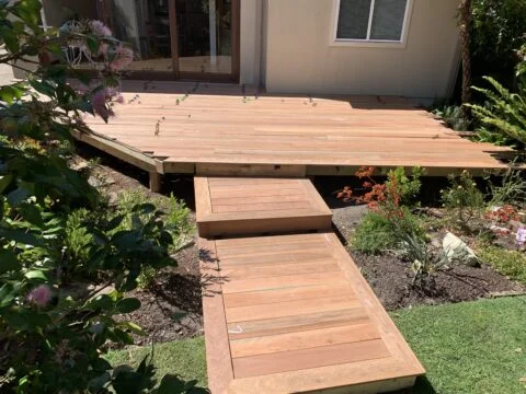 Ironbark deck boards laid and ready for finishing cuts, Little Bay build