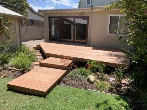 Finished Ironbark deck with extended garden landing steps, Little Bay
