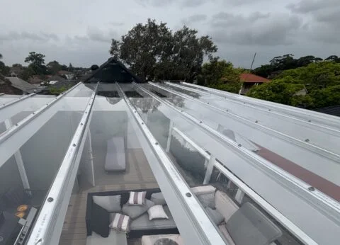 EzGlaze polycarbonate roof detail on Mascot rooftop pergola