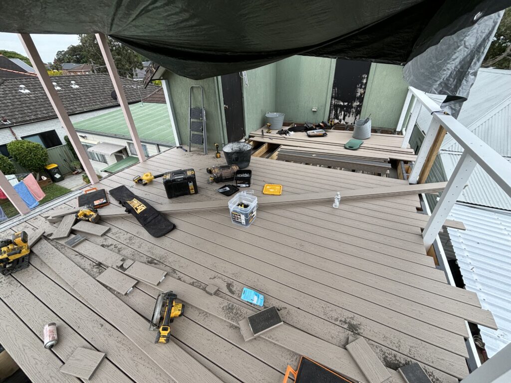Track saw setup for Trex Transcend decking install in Mascot