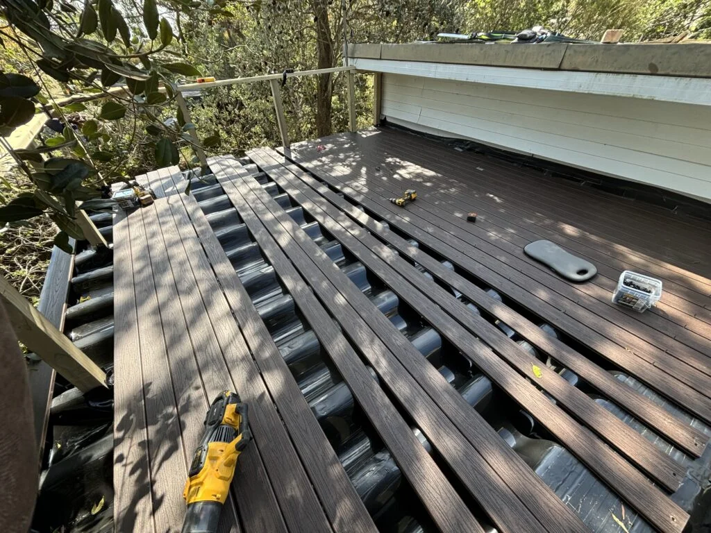 Trex RainEscape under-deck drainage troughs installed before the Trex boards at Bundeena