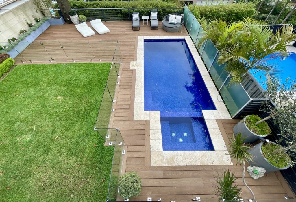 Millboard composite pool deck with new lawn and landscaping at Clovelly, Sydney