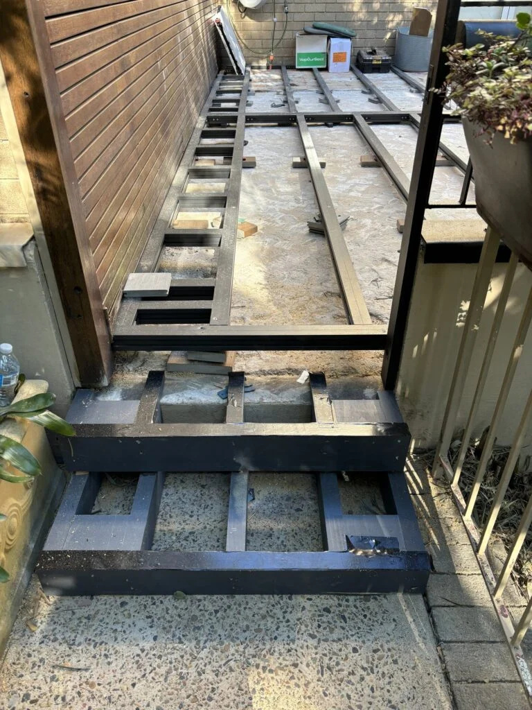 ClickDeck aluminium framing at garden gate entrance with stair framing, Neutral Bay
