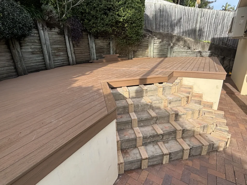 New timber cleats fixed to the existing concrete stairs, Double Bay deck build