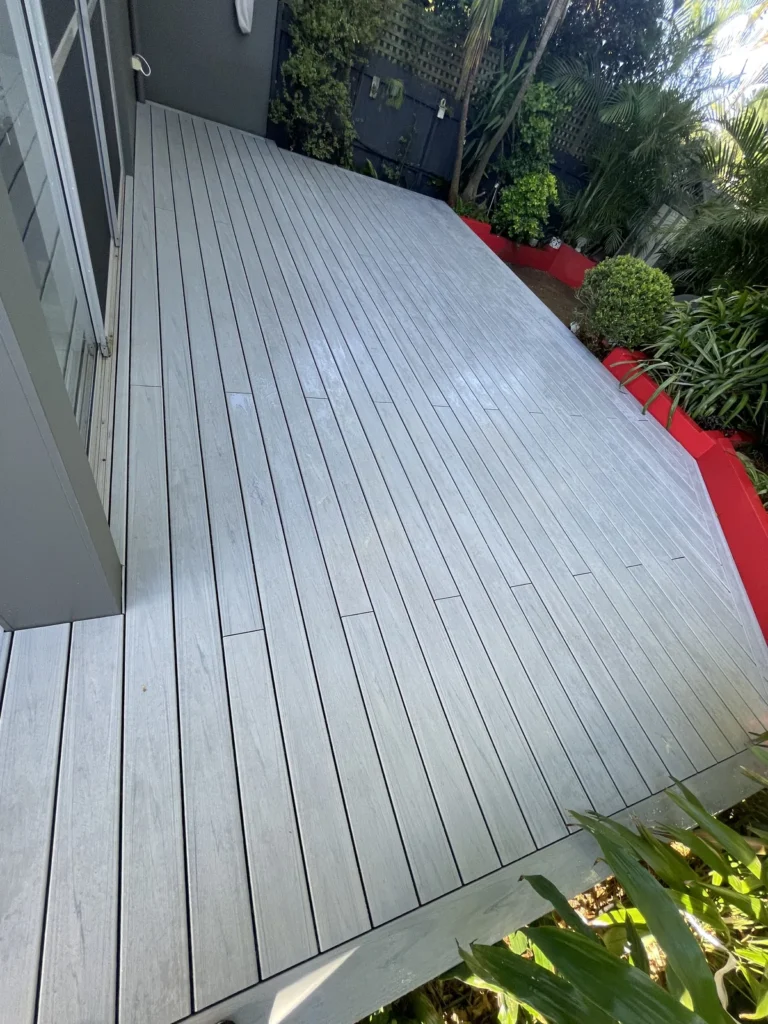 Narrow run of Trex Lineage decking in Rainier finished along the side of the house at Kyogle Street Maroubra