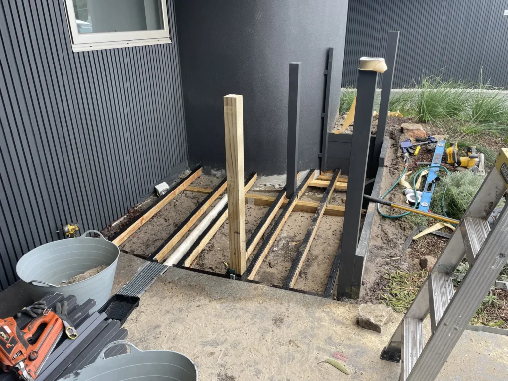 Treated pine frame and posts going in for the bin and scooter store in Maroubra