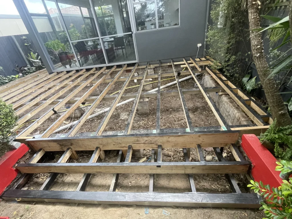 New treated pine deck frame in Maroubra with the step framing built off the main deck