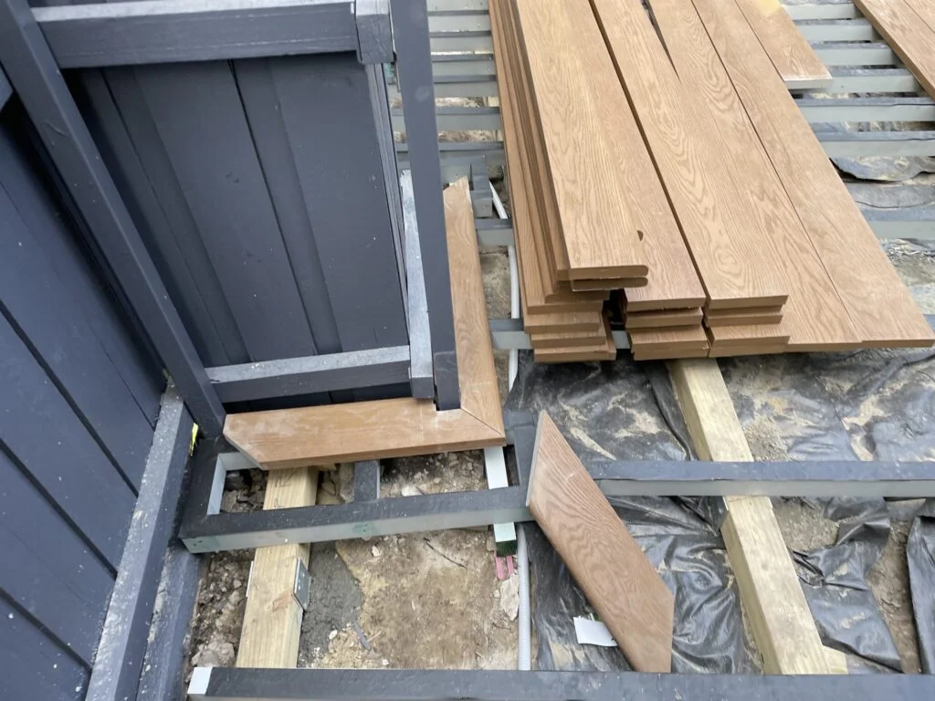 Millboard mitres and post cut-around dry fitted on a Matraville low deck before fixing