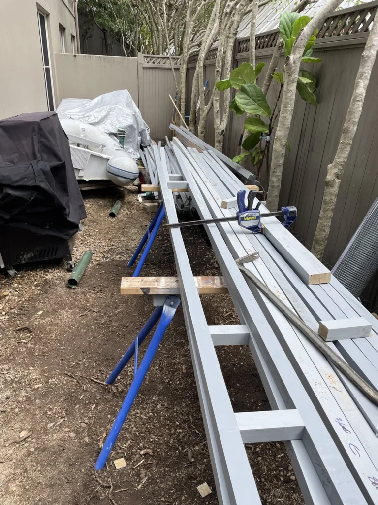 LowDeck frame members stacked on a tight Rose Bay site