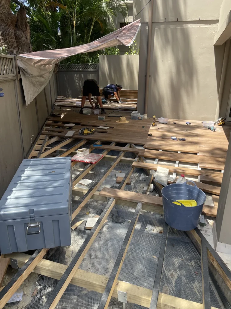 Shade tarp over the Rose Bay deck during the build