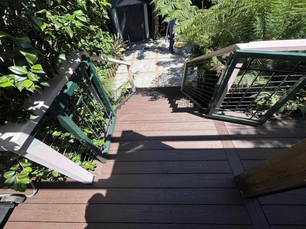 Gates open at the head of the stairs, cable balustrade, Waverley deck