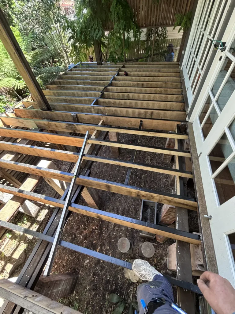 Completed treated pine frame with joist protection installed throughout, Waverley deck