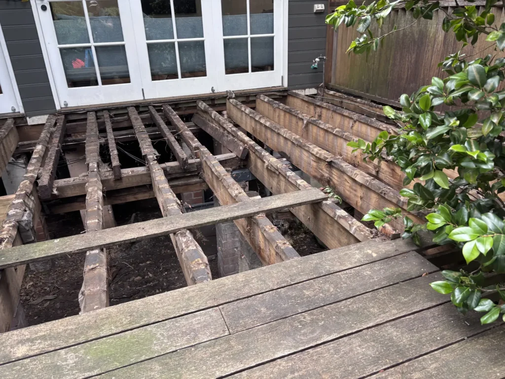 Original deck frame exposed after boards removed, Waverley