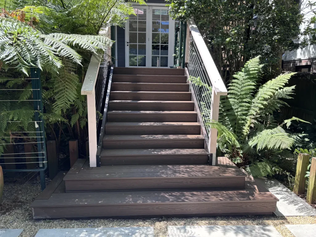 Stainless steel cable balustrade installed to stairs, Waverley deck